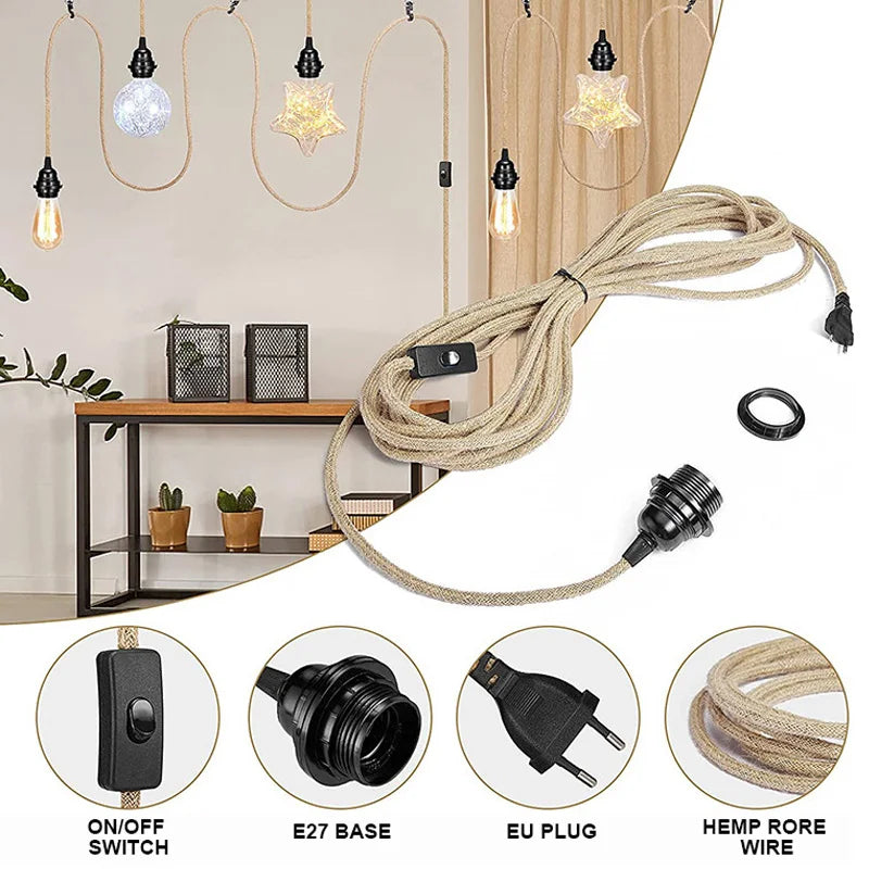 câble électrique tissé vintage 2m 3m e27 on off eu plug noir rustique