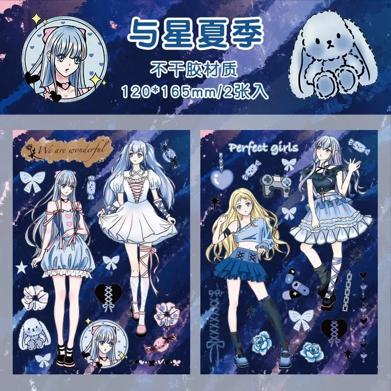 autocollants manga personnages textes confettis bleu violet noir blanc opaques scrapbooking álbum journal intime