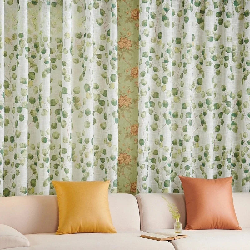 rideau moderne blanc vert motif feuilles transparent salon chambre maison luxe