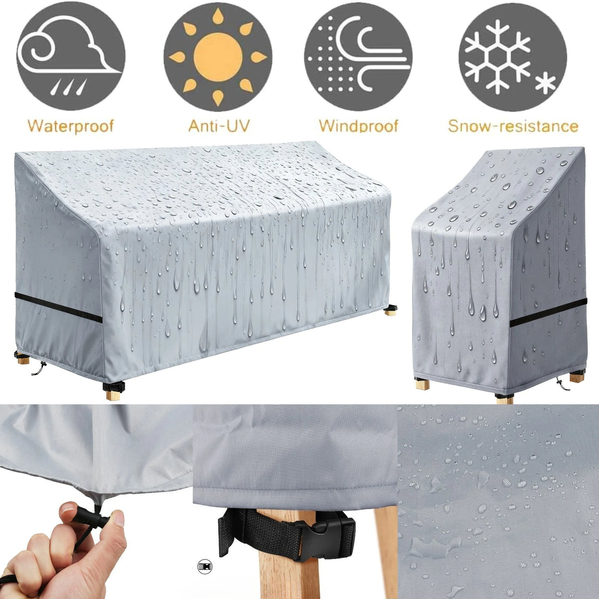 housse banc jardin gris moderne imprimé gouttes d'eau velcro drawstring buckles protection extérieure