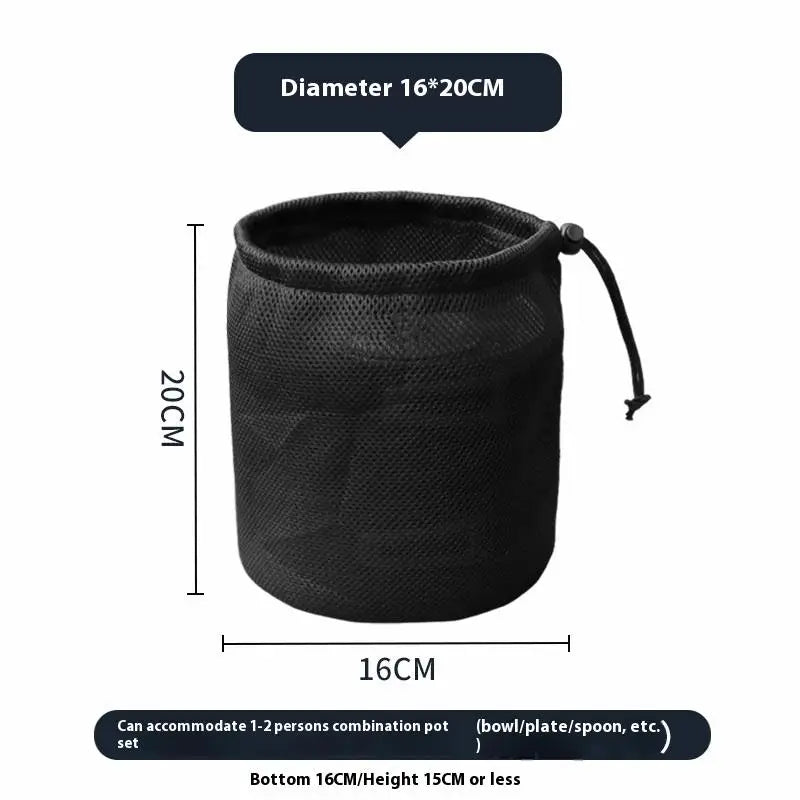 sac rangement noir maille opacité cordelette pratique camping cuisine pique nique organisation vaisselle barbecue
