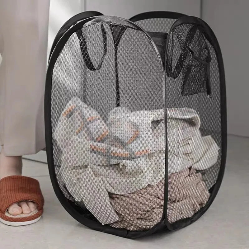 panier linge maille noir poignées fermeture glissière pliable salle bain rangement organizer