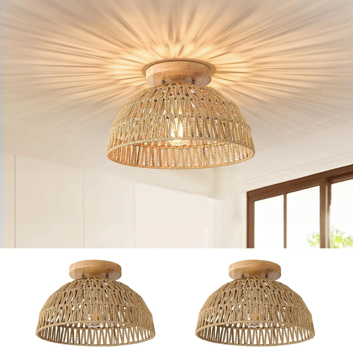 lampe moderne rustique rotin tressé naturel noir fixée sans ampoule