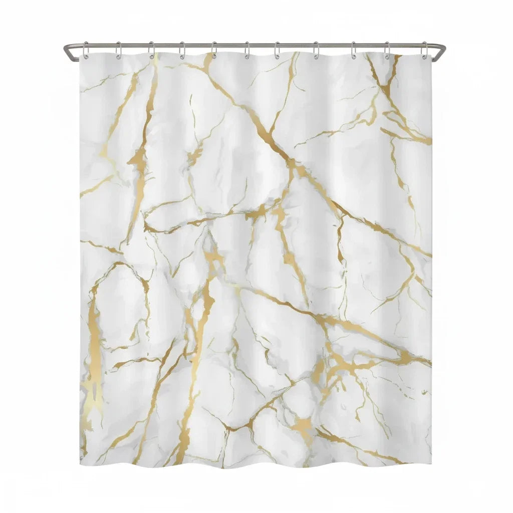 rideau douche marbre blanc doré moderne 12 crochets opacité polyester salle bain decoration