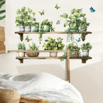 stickers muraux aquarelle plante pot cactus succulente oiseau papillon étagère bois nature bohème chambre