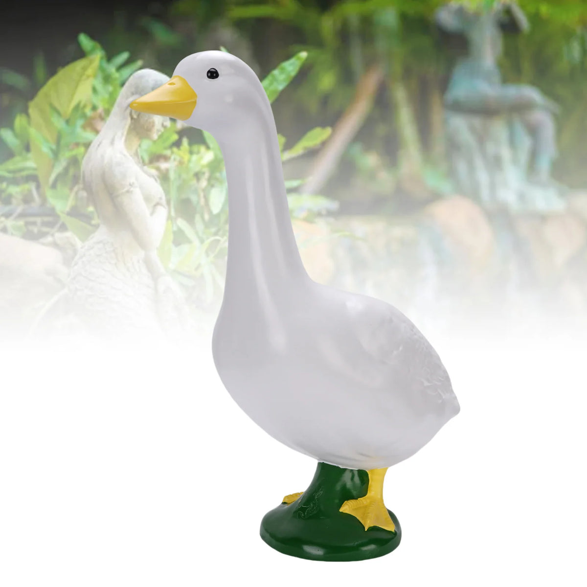 statue canard blanc plumes decoratif exterieur base verte pieds jaunes