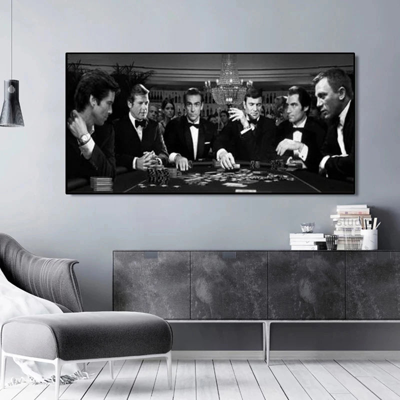 tableau toile cadre doré scène poker noir blanc décoration murale salon maison classique