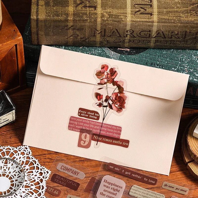 feuilles autocollants vintage transparents lettres images fleurs papillons marron beige gris rose