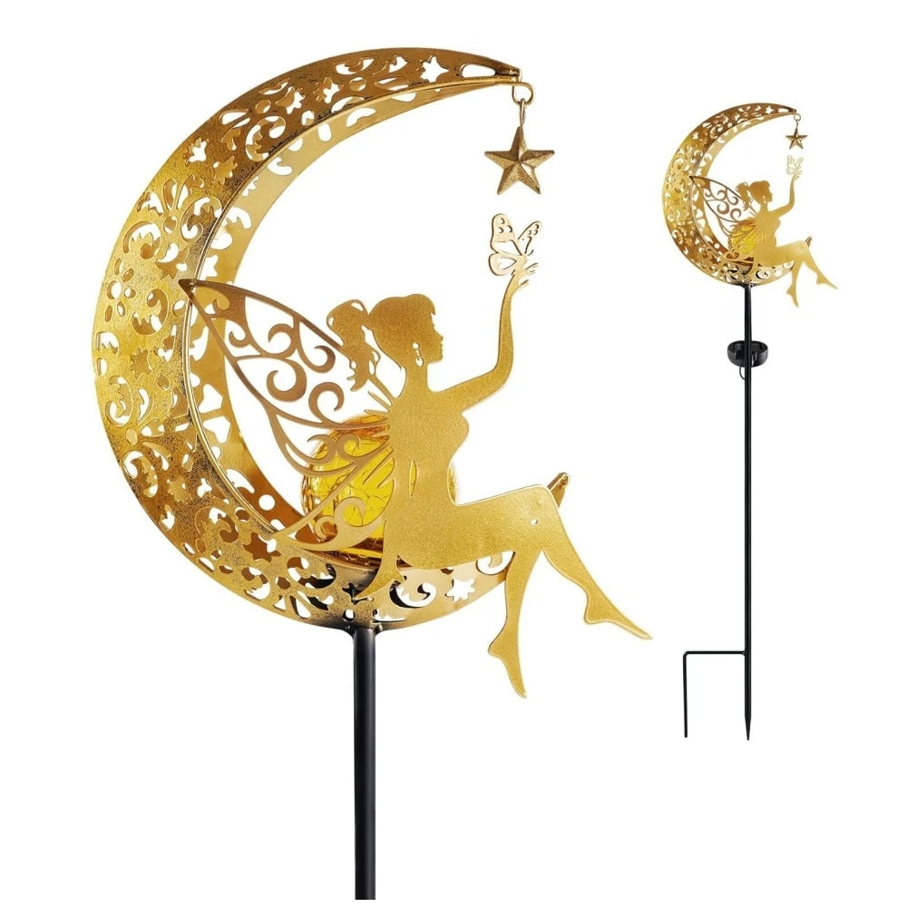 lampe solaire or lune sculptée motifs floraux artisanale deco extérieure fleurs étoiles papillon fixe