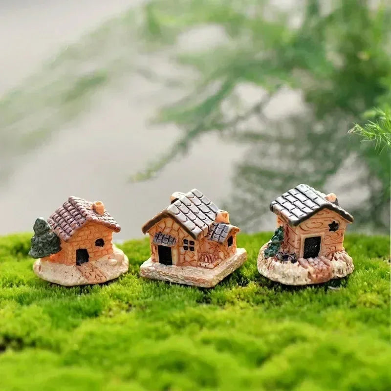 ornement jardin miniature maison rustique ancien texture bois pierre décoratif lot cinq pièces
