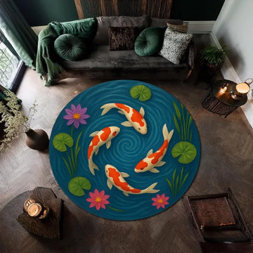 tapis rond décoratif poisson koi japonais motif fleur moderne salon chambre maison intérieur