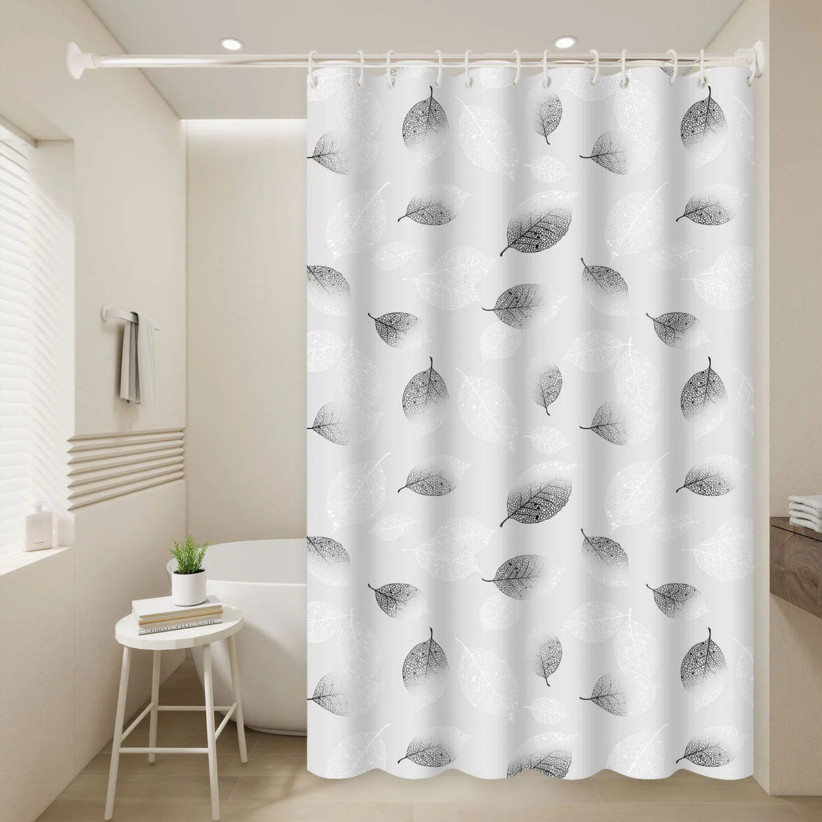 rideau douche moderne feuilles noires éva opaque respectueux environnement blanc grisclair