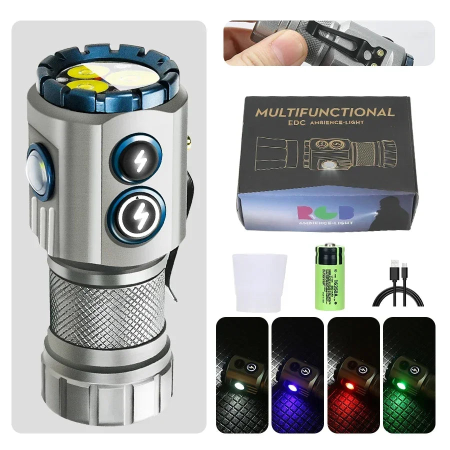 lampe torche rechargeable led rgb argenté noir jaune texturée moderne aimant mode lumière variable