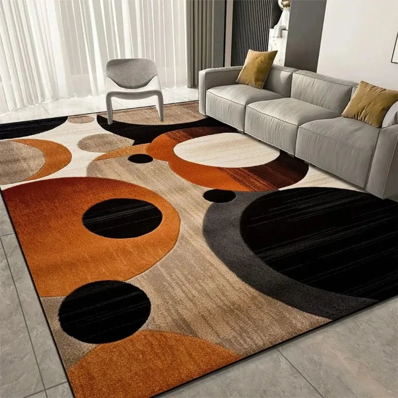 tapis salon moderne motif géométrique orange beige noir doux antidérapant grande surface polyester intérieur