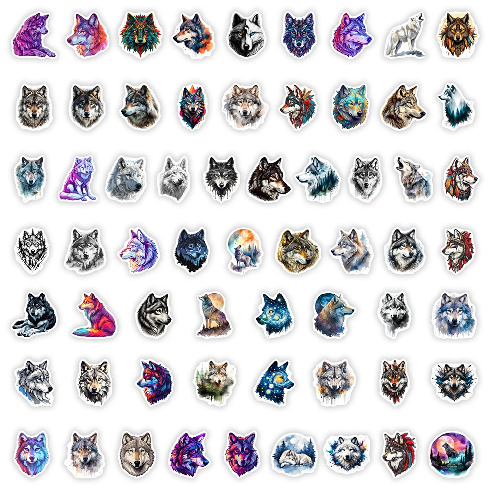 stickers adhésifs waterproof modernes illustrations loups motifs ethniques forêt nocturne galactiques multicolores adultes adolescents