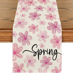 nappe runner floral printemps pâquerettes calligraphie couleurs vives décoration table saisonnelle bleu rose vert