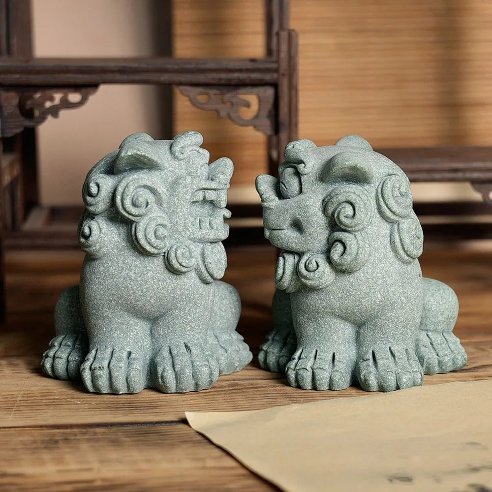 statues feng shui lions verts pierre granuleuse artisanat maison jardin