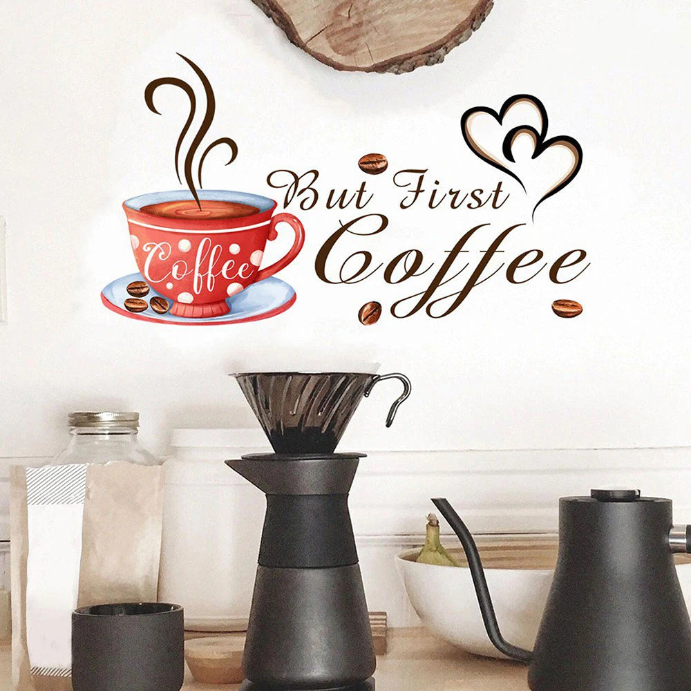 autocollant mural tasse grains but first coffee coeurs moderne adhésif chambre nursery salon