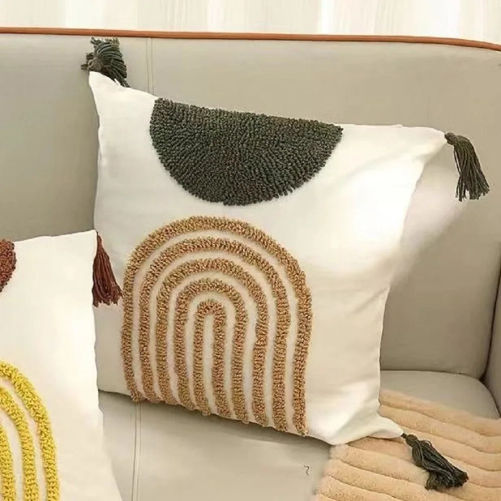 housse coussin carré blanc motif géométrique moderne tassel crochet polyester coton lavable