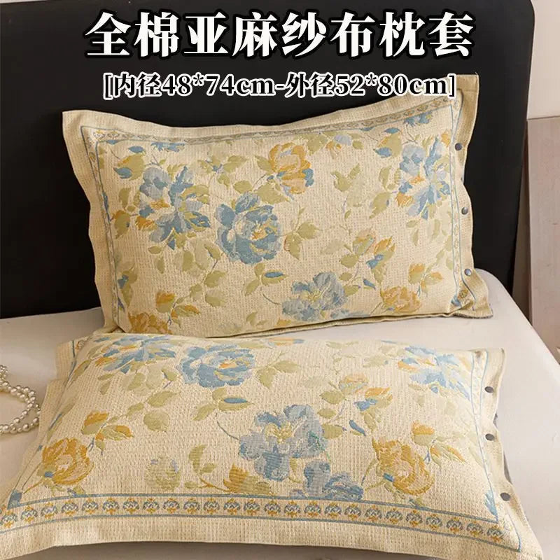 taies d'oreiller jacquard coton motif floral blanc rouge vert gris traditionnel lit maison