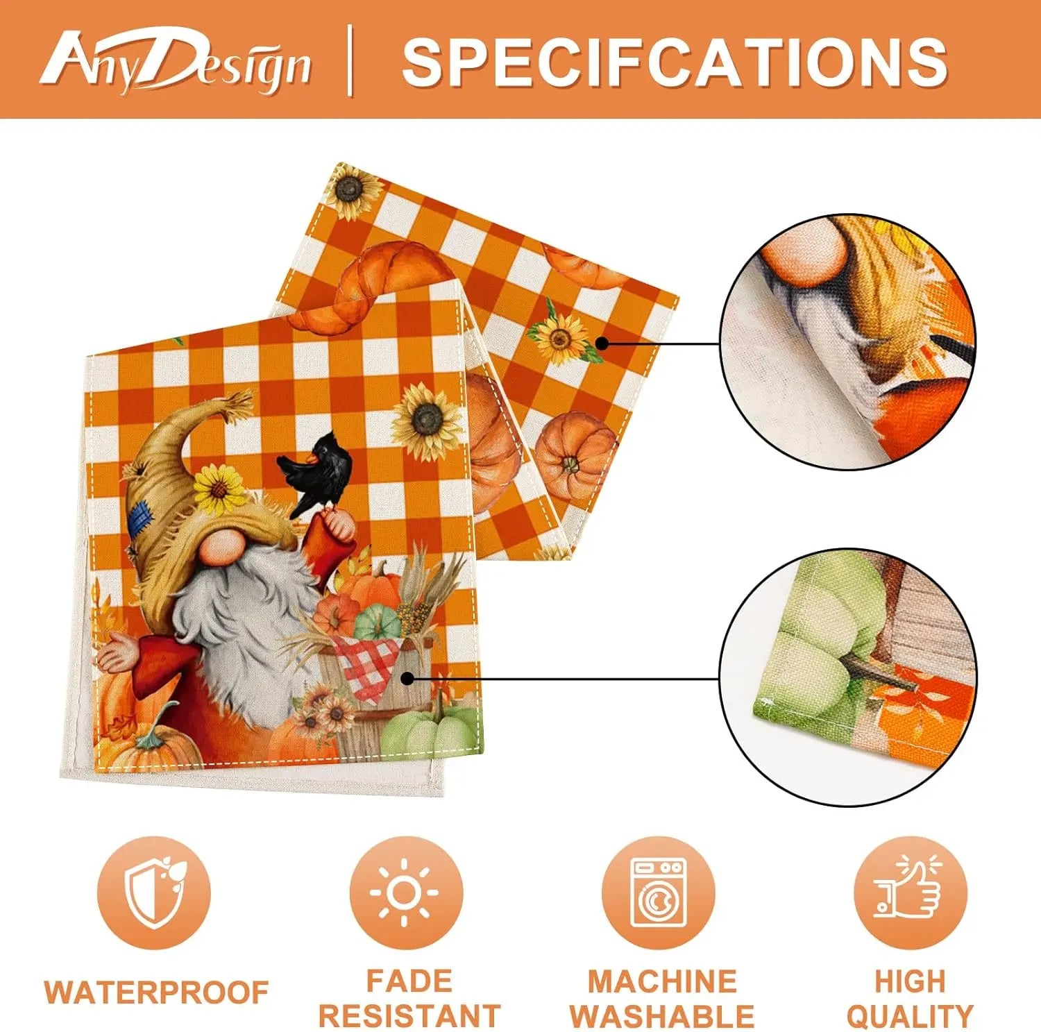 Serviettes de table décoratives aux motifs carreaux oranges et motifs floraux avec personnage fantaisiste, résistantes à l'eau, lavables en machine et de haute qualité.
