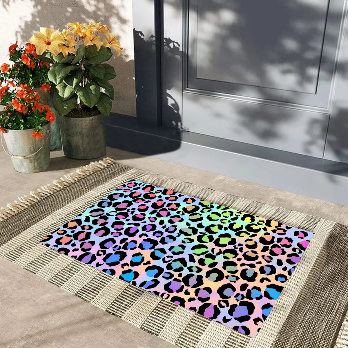tapis d'entrée moderne imprimé léopard multicolore anti dérapant imperméable résistant bactéries adultesextérieurintérieur