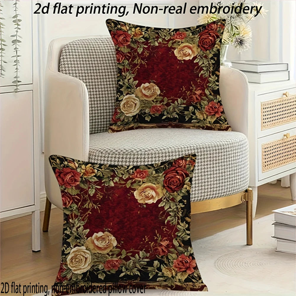 housses coussins motif roses vintage polyester peacheskin 40x40cm 45x45cm 50x50cm 60x60cm