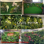 mur végétal artificiel feuilles vertes fleurs blanches moderne extérieur accroché clips inclusion