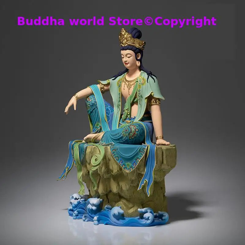 statue bouddha guanyin bleu turquoise vert bronze traditionnelle chinoise décoration florale or 24k