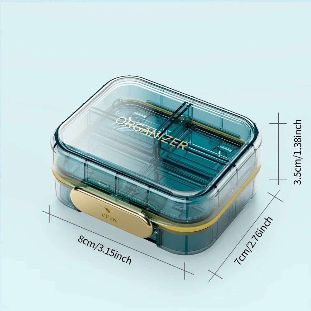 boîte rangement médicaments réutilisable transparente moderne vert bleu violet poignée dorée compartments