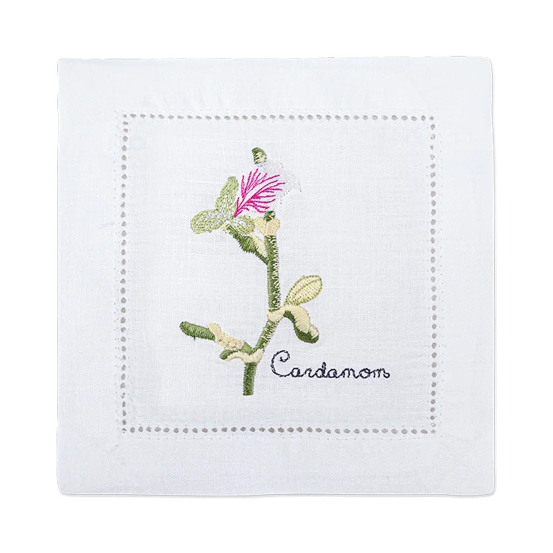 serviette cuisine lin blanc brodée motifs plantes aromatiques naturelle table élégante