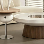 table basse moderne rond bois marron clair métal transparent décoration ludique