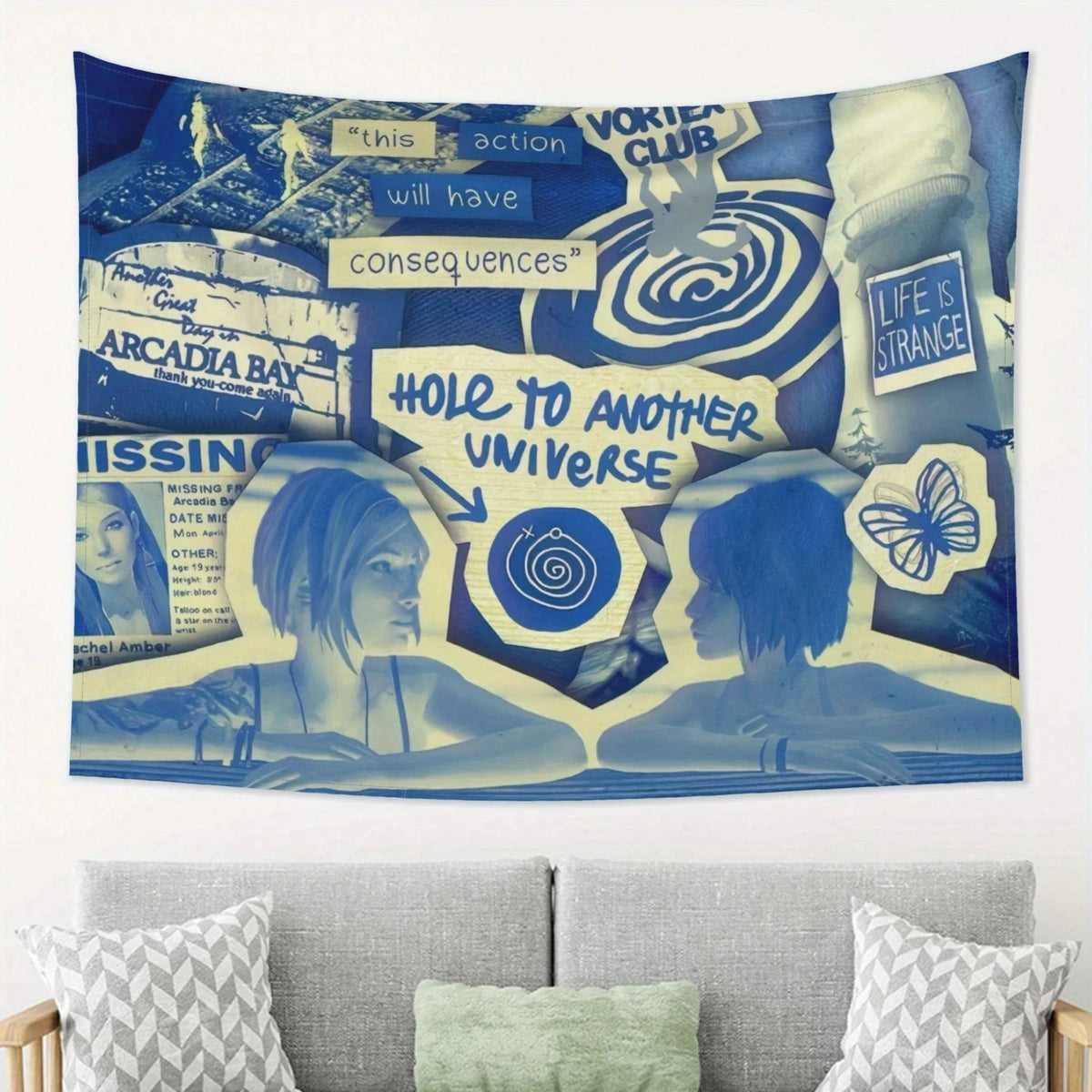 tapisserie pop art bleu blanc phrases spirales papillon faces salon chambre