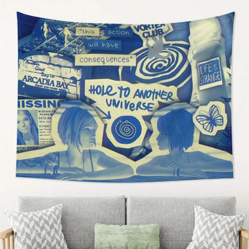 tapisserie pop art bleu blanc phrases spirales papillon faces salon chambre