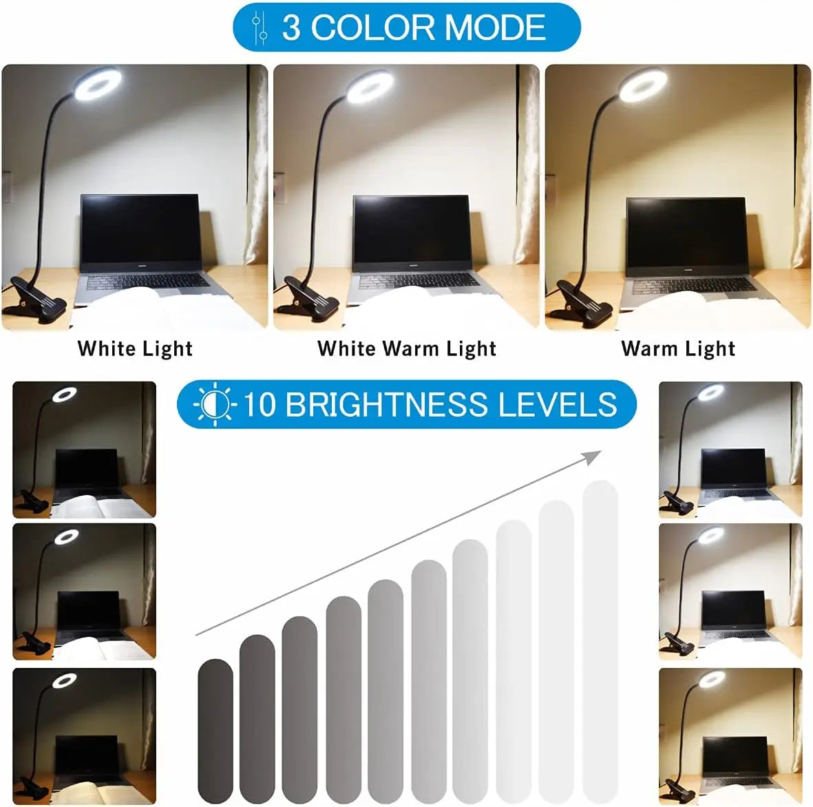 lampe flexible noir pince usb modes lumière interrupteur tactile moderne