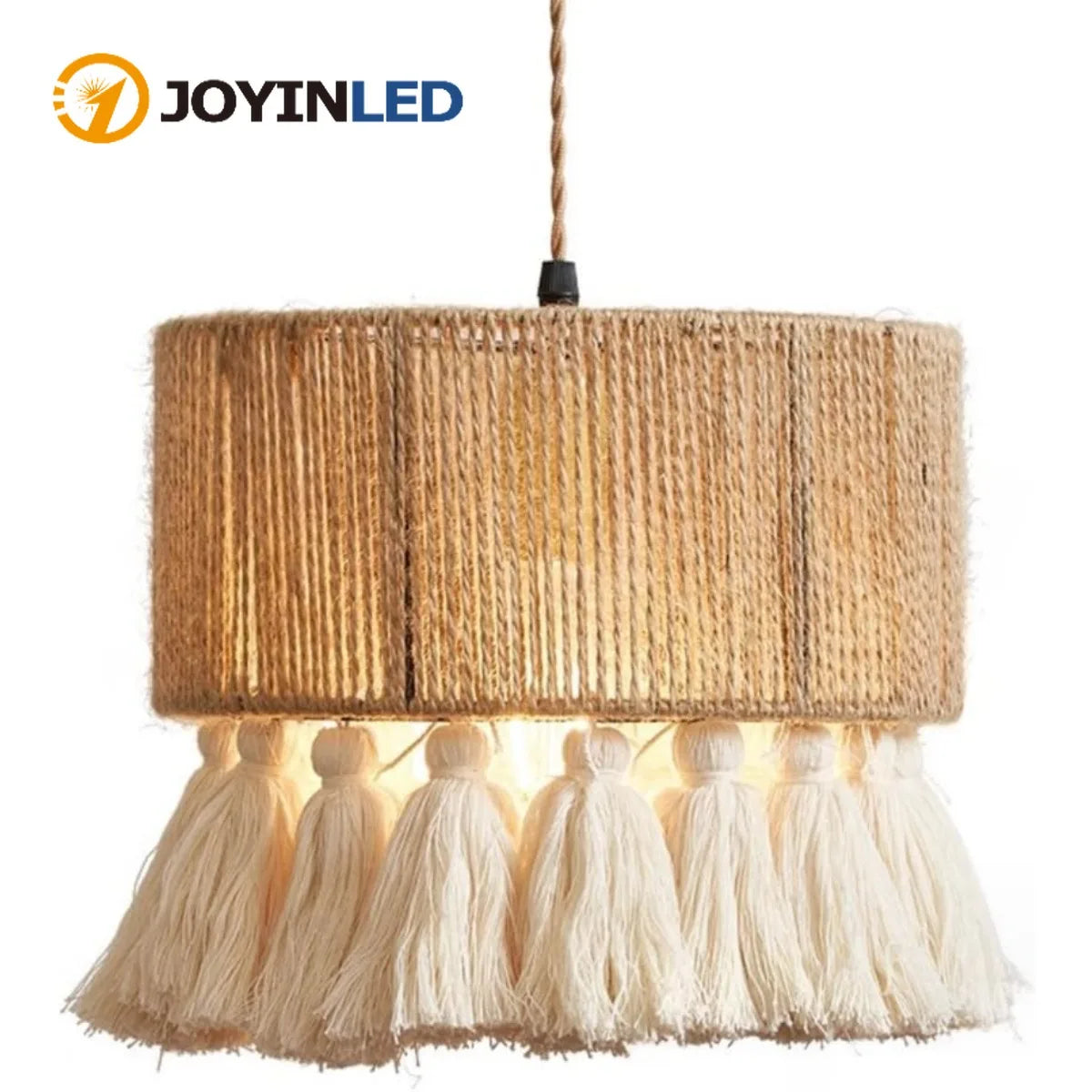 lampe suspendue tissu tressé boho chic beige doré franges blanches 40cm 50cm 60cm