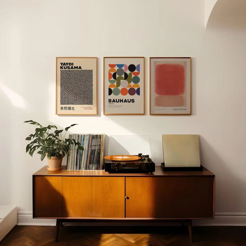 affiches murales contemporaines multicolores géométriques cadre bois salon chambre decoration abstraite zébrée graphique minimaliste