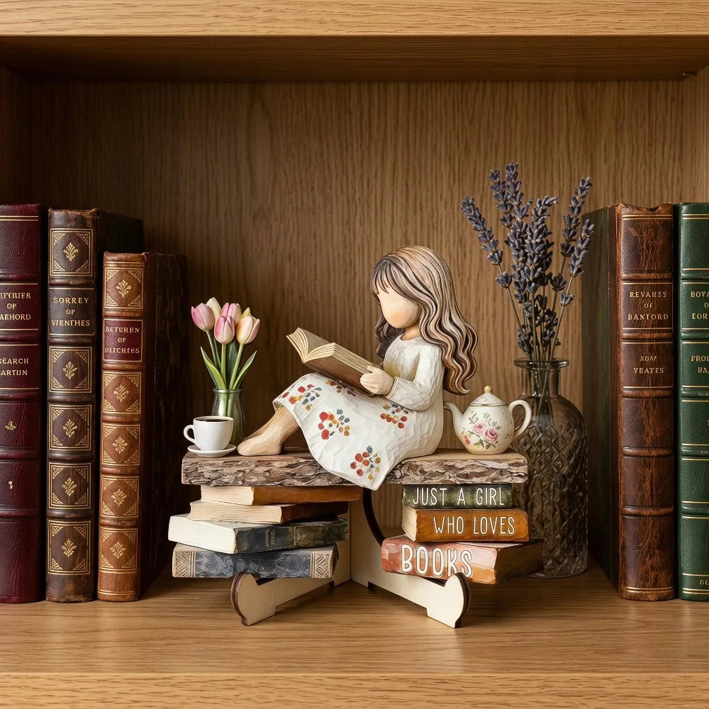 figurines bois fille lecture supports livres fleurs vases tulipes lavande théière bougiesDecorationChampetreSpirituelle