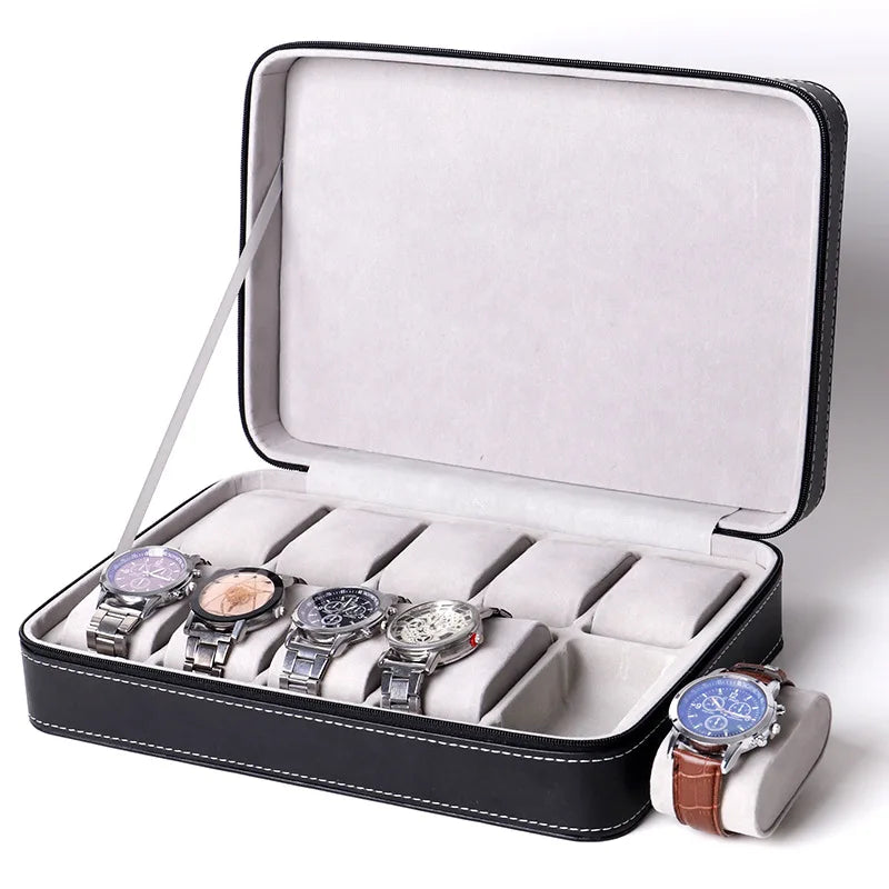 boîte montres simili cuir zipper 10 compartiments supports classique vert noir gris