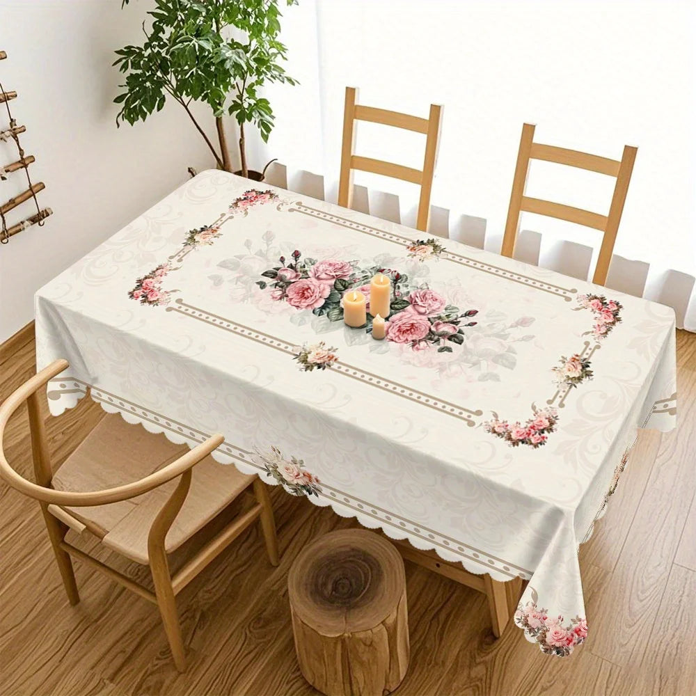 nappe table fleur rose beige clair classique romantique imperméable machine réutilisable 140x140cm 180x140cmextérieurhôtelmarriagesbanquet