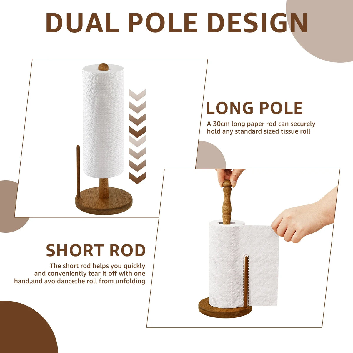 porte rouleau papier cuisine marron clair rustique deux tiges bois base circulaire anti dérapants