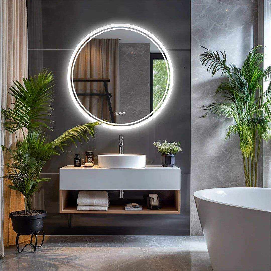 miroir rond lumineux moderne éclairé led blanc gris doré aluminium salle bain