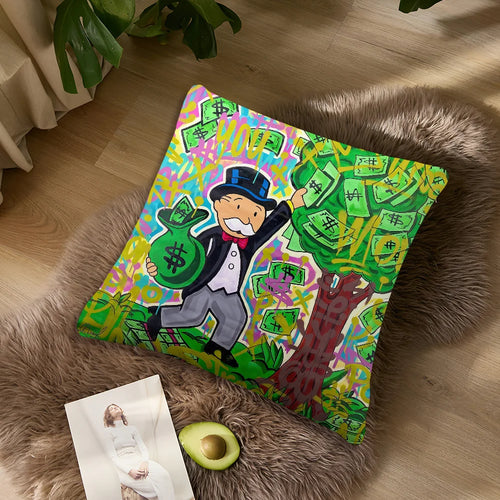coussin carré monopoly multicolore jaune vert bleu personnage sac billets moderne ornemental décoration voiture
