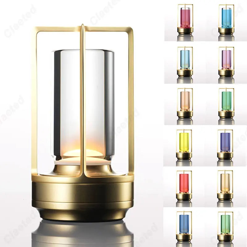 lampe torche moderne led transparente noir doré base métallique minimaliste lumière ambiance camping restaurant