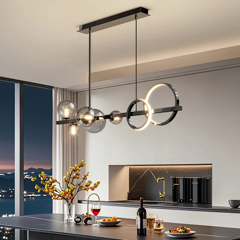 suspension lumineuse moderne noir doré verre transparent anneaux lumineux globes contemporains