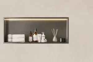 niche murale acier inoxydable gris moderne étagère rangement cosmétiques décoration statuaire vase