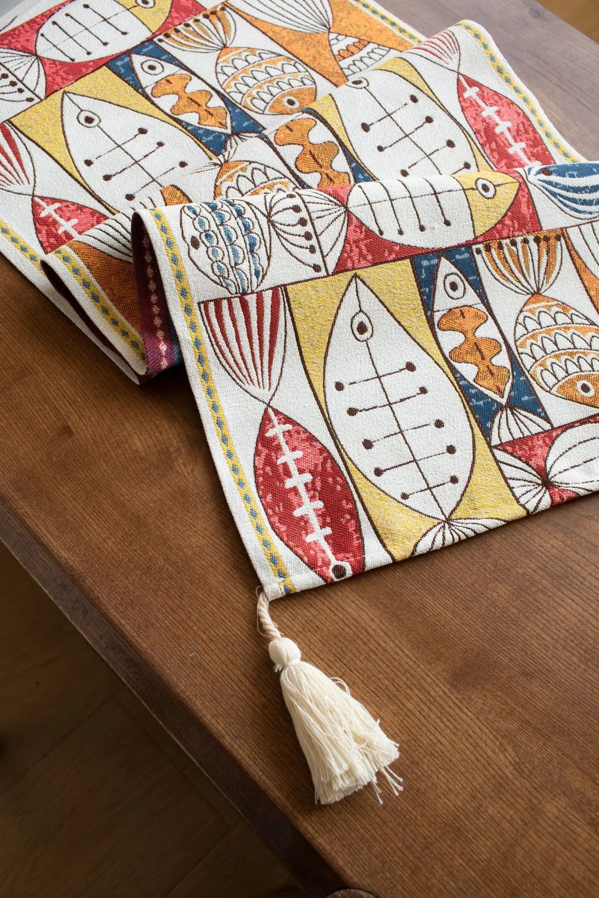 chemin table moderne multicolore motif poissons décoratif tassel blanc polyester coton