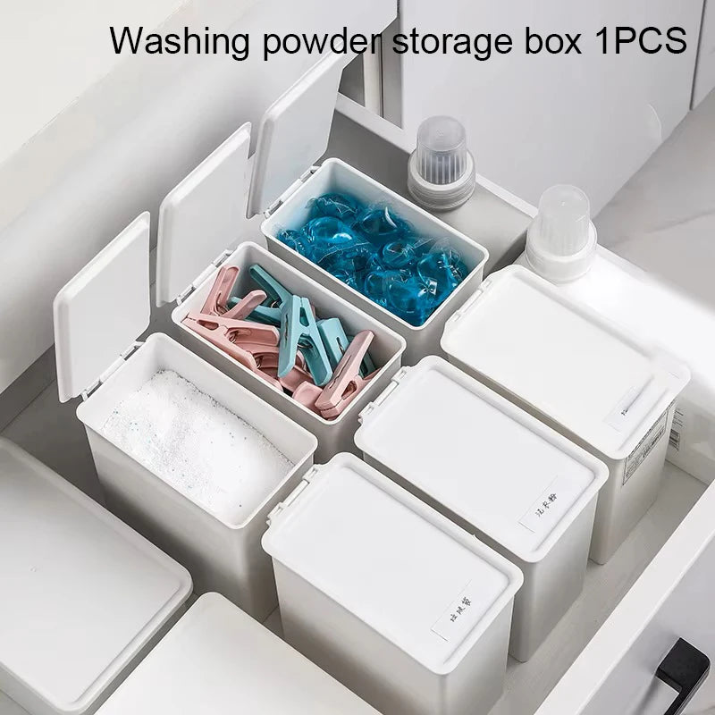boîtes rangement lessive blanc opaques plastique lisses minimalistes modernes accessoires buanderie