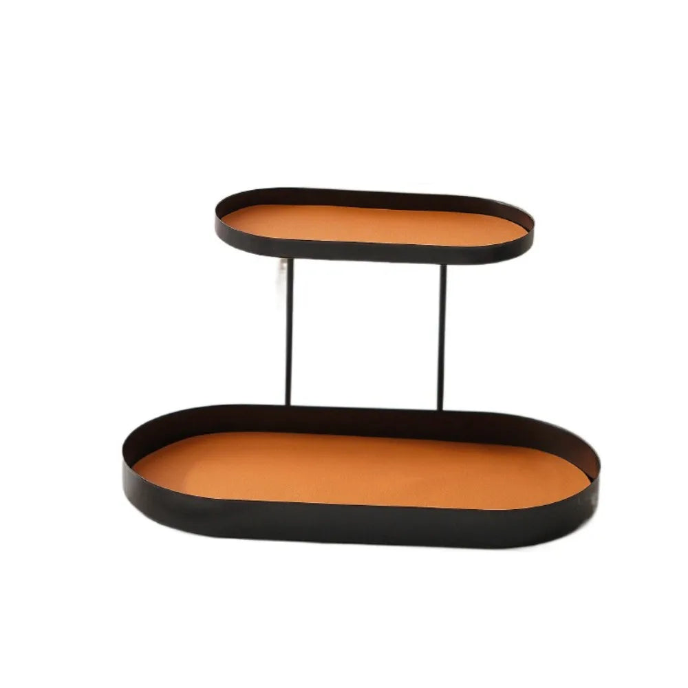 support cosmétiques moderne plateau bijoux flacons parfum crème bougie beige orange noir vert