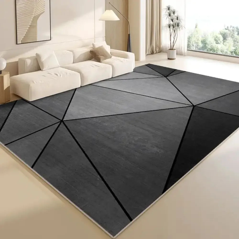 tapis géométrique noir gris moderne salon chambre prière durable anti salissure easy clean